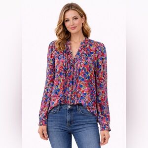 J. Crew Colorful Ruffle Floral Silk Button Down Shirt; 100% Silk Blouse